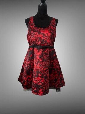 princess vera wang Red and Black Floral Jacquard Mini Dress